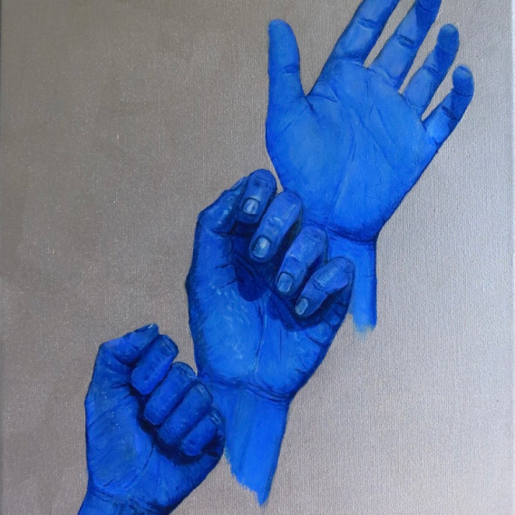 A series of hands in different positions, painted in blue