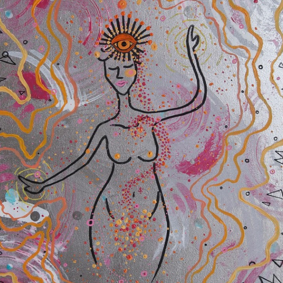 A female figure with a third eye dancing in an abstract scene