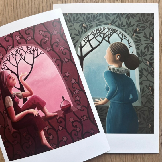 Giclee prints of paintings where women stand in windows, secluded from the reality outside